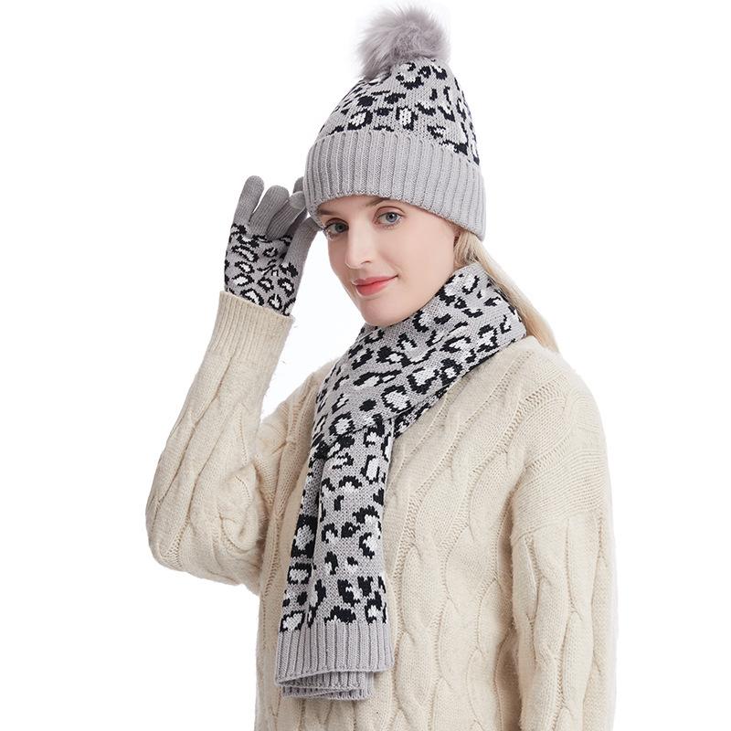 European and American Autumn and Winter Leopard Print Warm Knitted Wool Hat Scarf Gloves Three Piece Set
