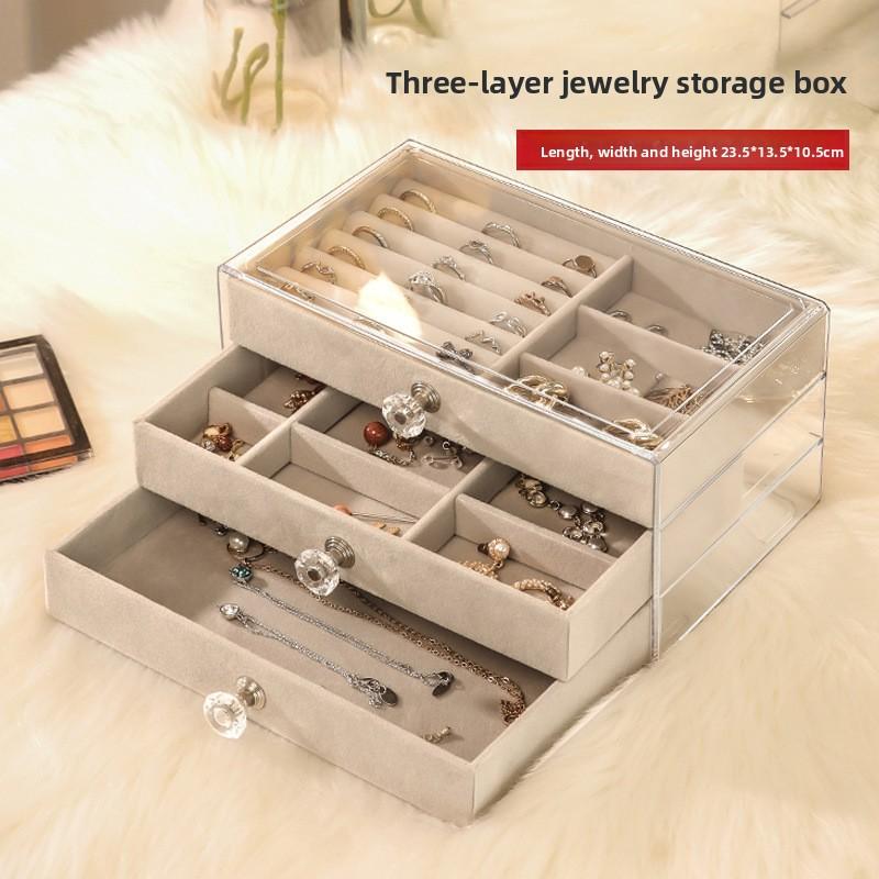 Three-layer Flannel Jewelry Storage Box, Earrings, Earrings, Storage Box, Jewelry Dust-proof Drawer Jewelry Box Storage