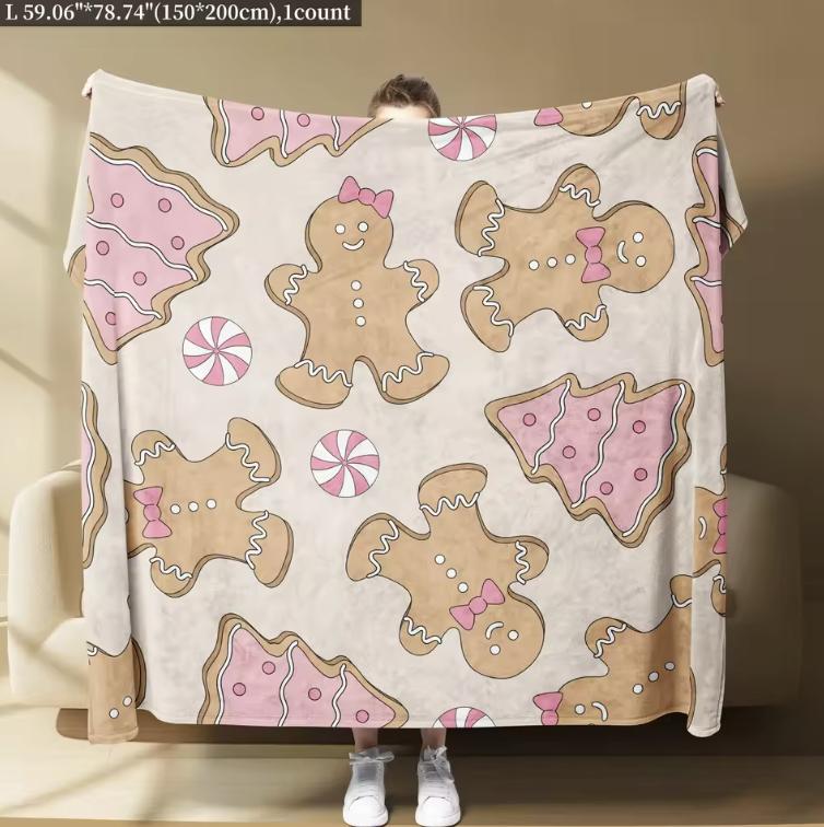 

1pc Flannel Blanket Christmas Theme Pink Gingerbread Biscuit Pattern Can Be Used for Sofa Lunch Break Travel Holiday Gift 30x40in