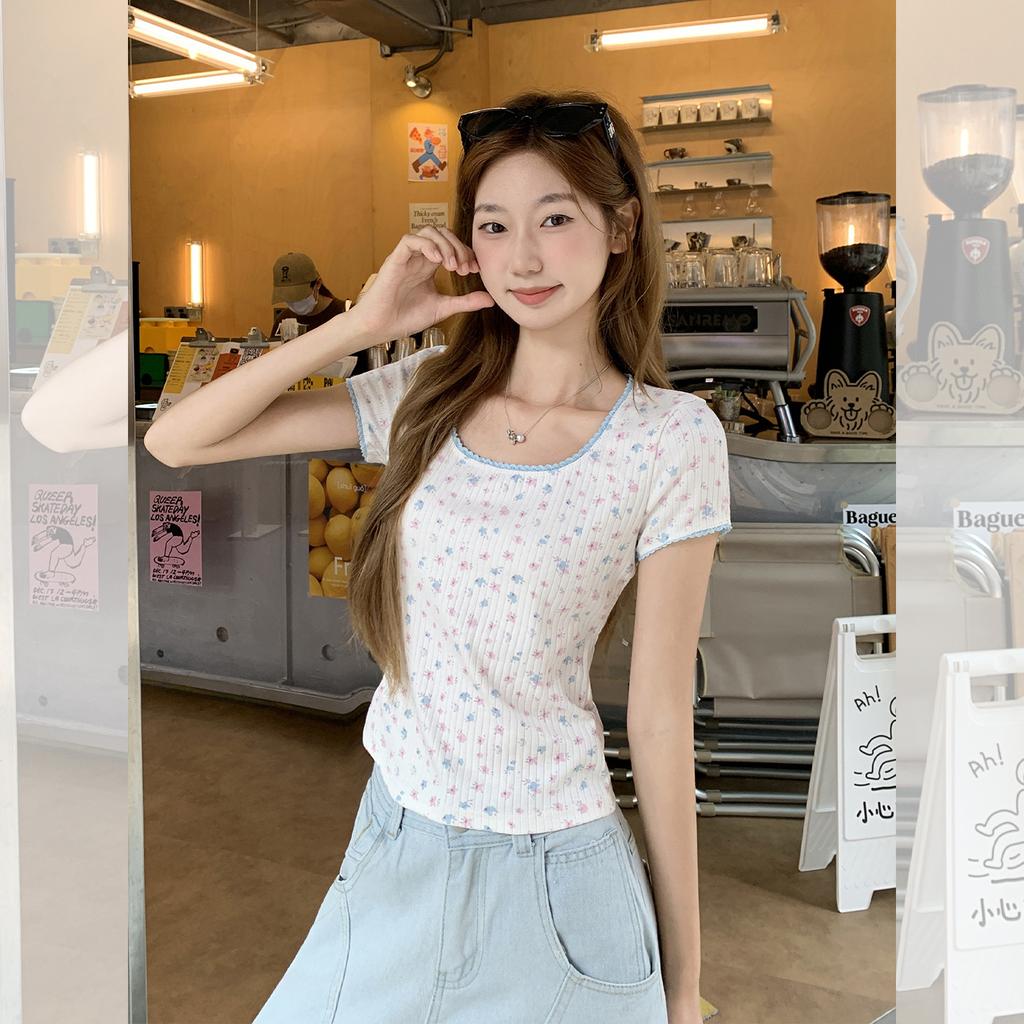Sweet and pure wind floral lace splicing short-sleeved T-shirt women's summer new slim-fitting front shoulder temperament top