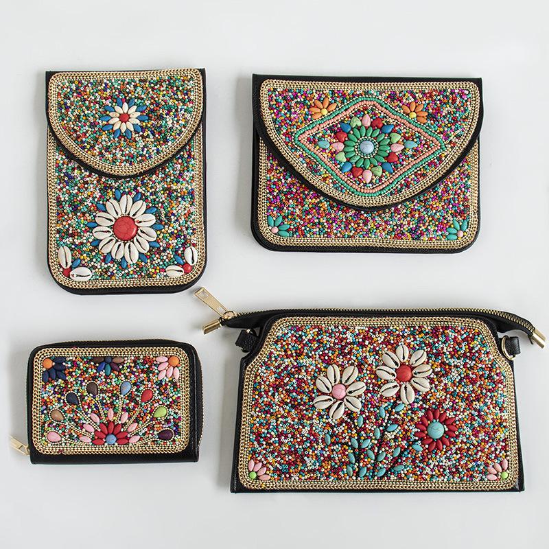 Bohemian Ethnic Shoulder Bag with Rice Beads, Shell Mobile Pocket, Floral PU Design, Women's Crossbody for Travel Photography.