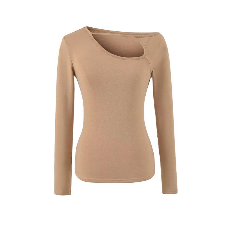 Design Sense Oblique Neckline Hollow Long-Sleeve Slim-Fit Velvet Top for Women - Autumn/Winter Sexy Base Layer