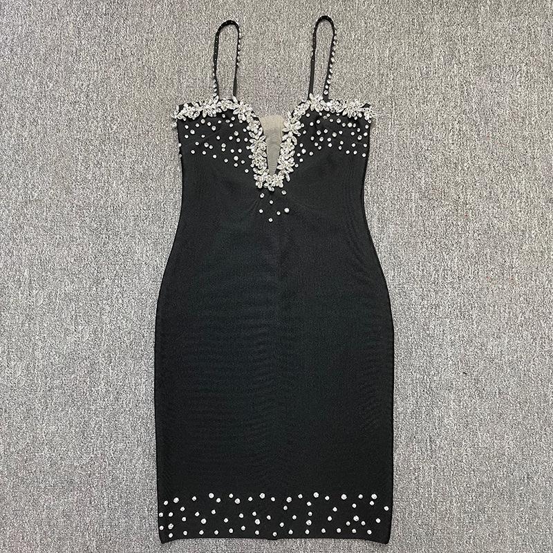 Women's European & American Rhinestone Strap Bodycon Bandage Dress - Sexy Socialite Style Evening Gown.