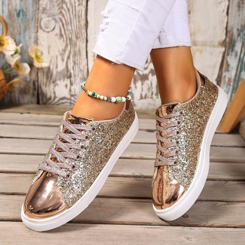 Sequin Sneakers Fall Women's New Round Toe Deep Mouth Front Lace-Up Platform Non-Slip Low-Top Single