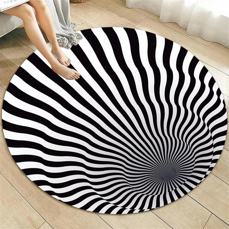 Crystal Velvet Psychedelic Round Rug, Abstract Geometric Illusion Print Non Slip Floor Mat for Living Room, Bedroom, Sofa Decor