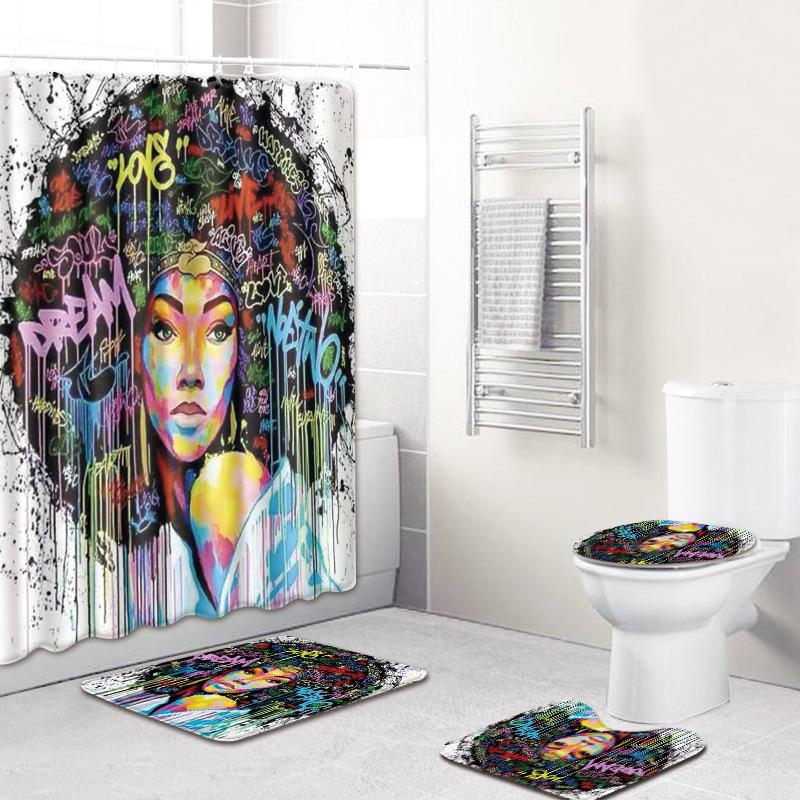 African American Women'S Bathroom Non-Slip Floor Mat, Shower Curtain Combination Carpet, European And American Wind Explosion Female Fixed Zhi