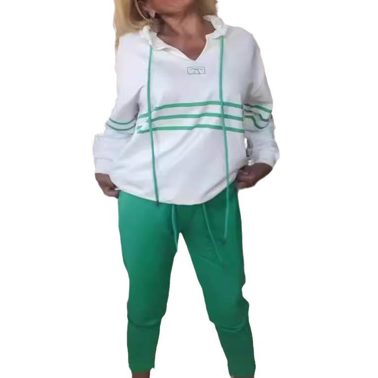 

Женский белый худи с капюшоном с зелеными полосками и комплект зеленых джоггеров облегающего кроя, повседневный спортивный костюм S белый