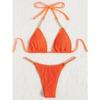 Women Sexy Solid Color Pleated Fabric Backless Two Piece Bikini Swimwear Set