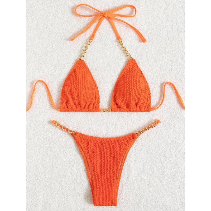 Women Sexy Solid Color Pleated Fabric Backless Two Piece Bikini Swimwear Set