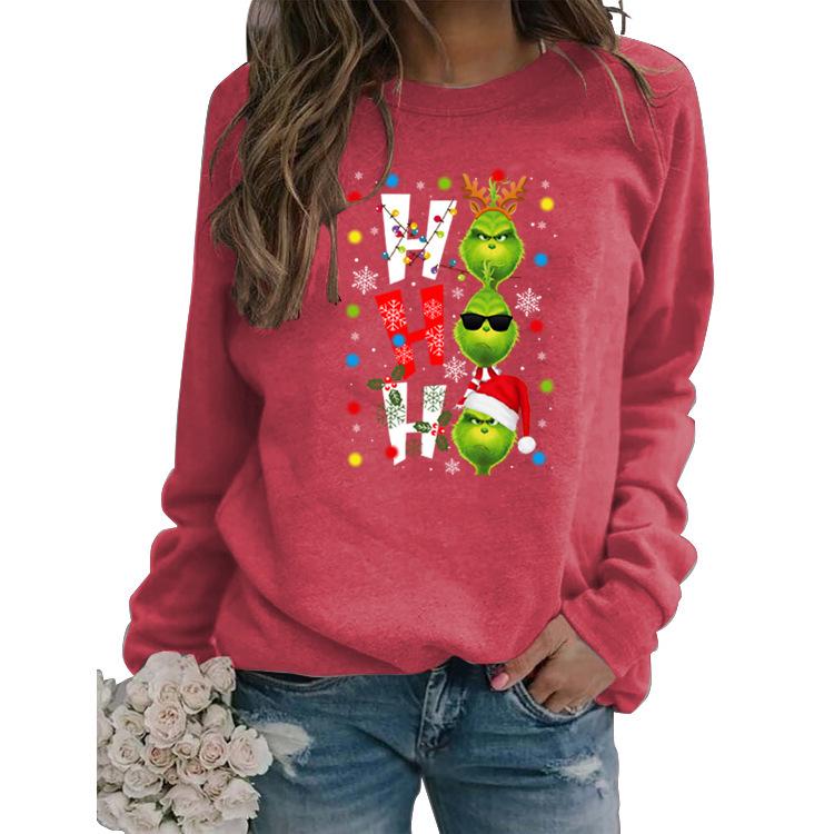 HO HO HO Cartoon Christmas Women's Casual Loose Long Sleeve Round Neck Hoodie