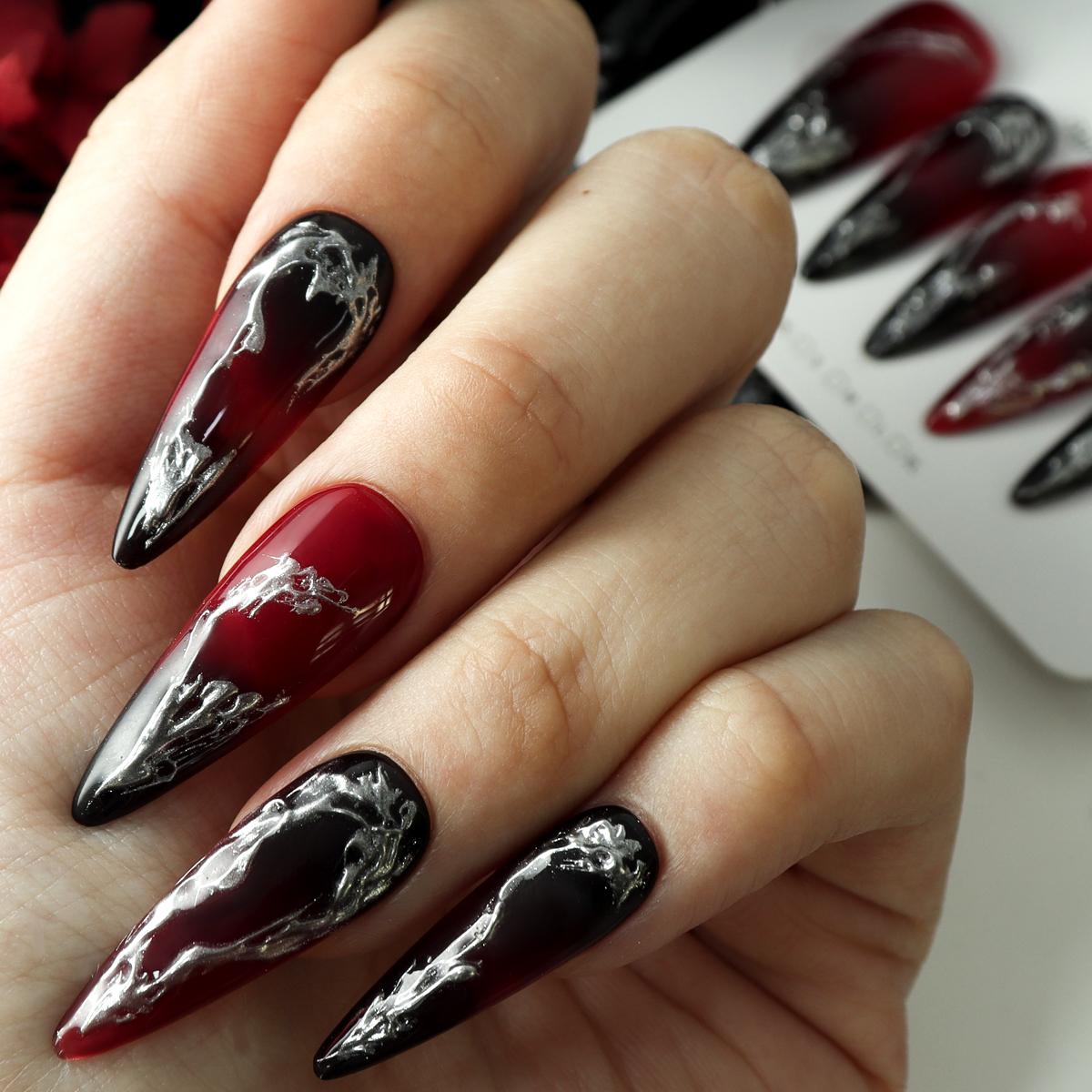 

10 шт. накладных ногтей на Хэллоуин, ручная работа, красный, черный, градиентный художественный дизайн для праздничного маникюра, украшения, многоразовые M