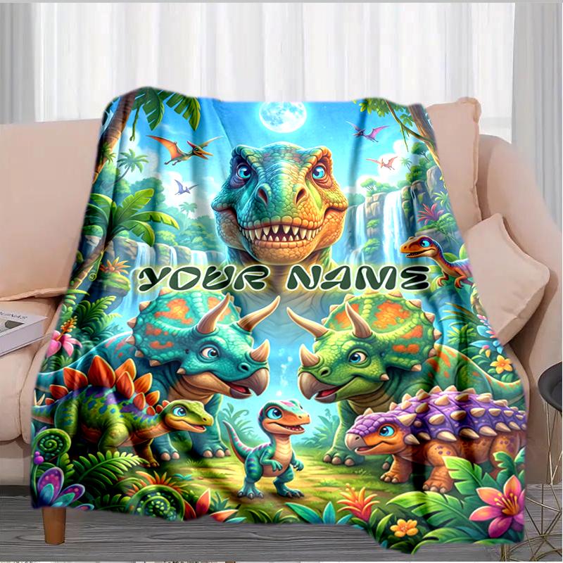1PC Custom Name Dinosaur Adventure Jungle blanket versatile,all-season throw suitable for the living room,bedroom,camping,travel,and gift