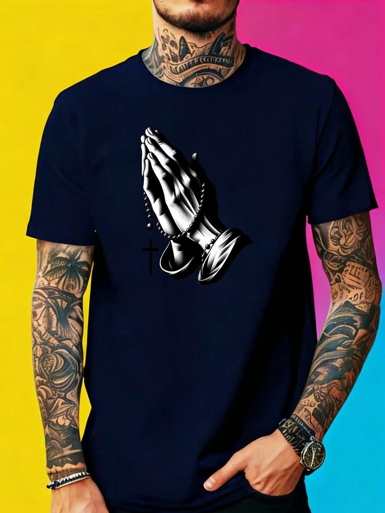 Unisex Faith Praying Hands Cross Rosary Print Cotton Crew Neck Tee Religious Believer Casual Summer Soft Daily Basic Short Sleeve