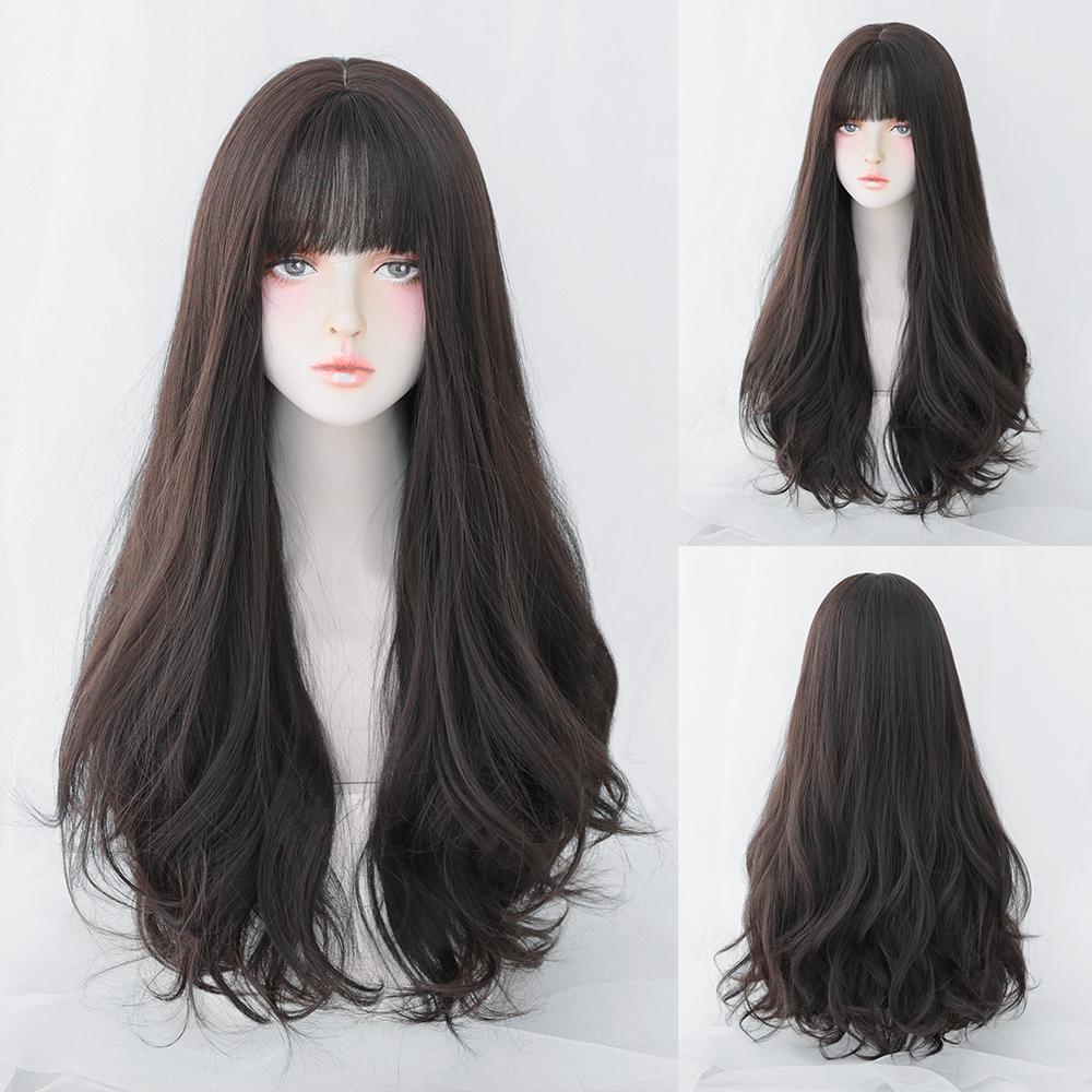 Lange Lockige Haare Damen Perücke mit Pony Täglich Braun Schwarz Rosa Lolita Cosplay Geflochtene Perücken Hitzebeständige Faser Party Kunsthaar