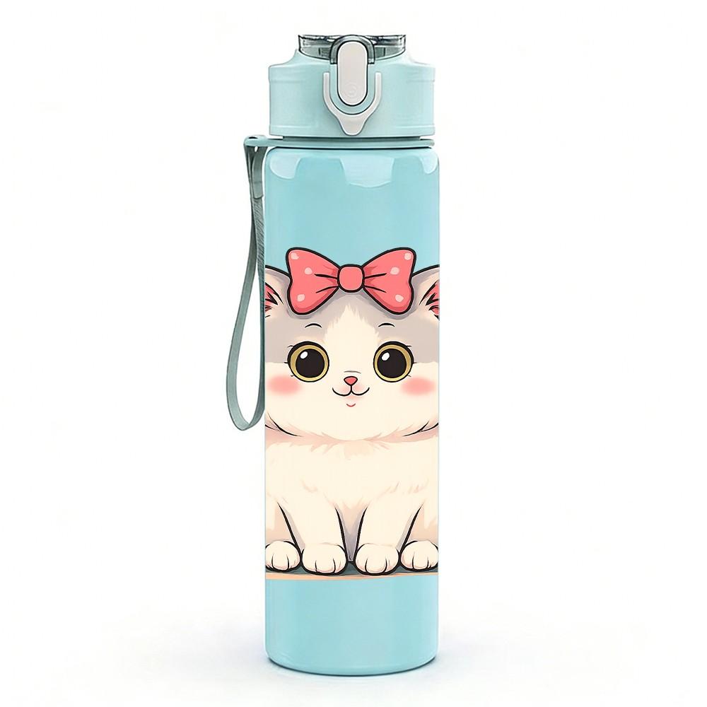 1PC White Cat Flower Bow 750ml Color Plastic Sports Water Bottle Leakproof Flip Straw Lid Suitable for Sports Office Home Use