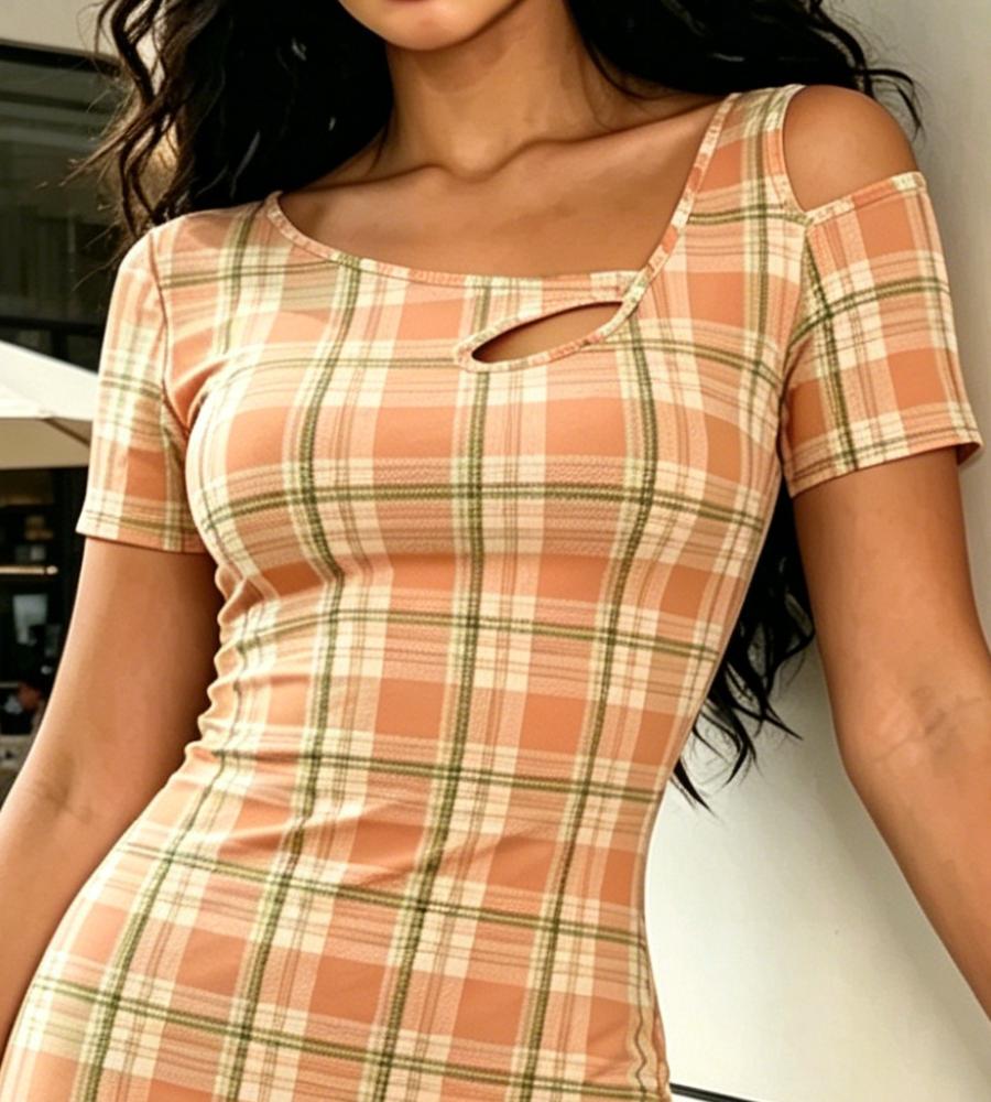 Women Summer Orange Green Plaid Bodycon Midi Dress Cold Shoulder Slim Fit Sexy Cutout Elegant Dress