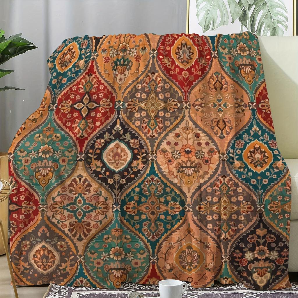 Cozy Vintage Geometric Flannel Throw Blanket - Soft, Warm & Versatile for Couch, Bed, Car, Office, Camping | All-Season Gift Ide