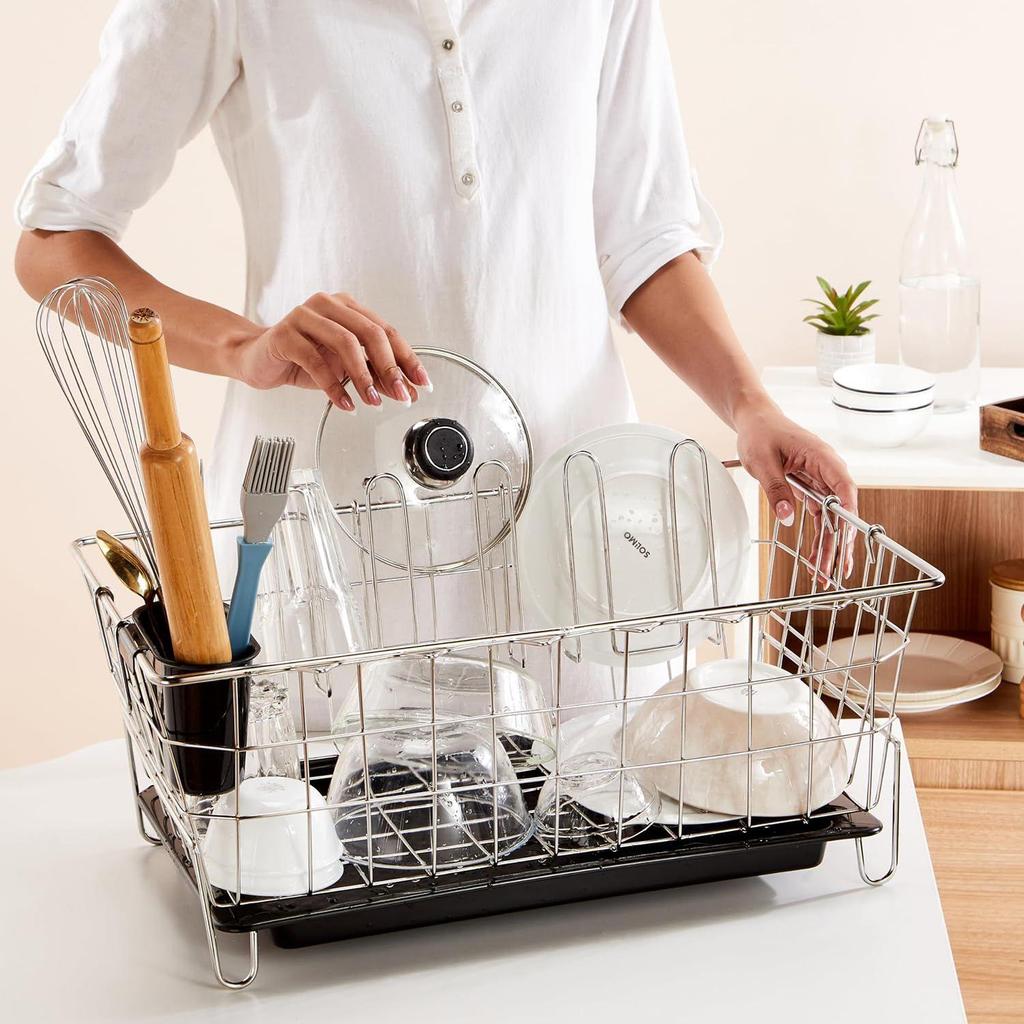 Stainless Steel Dish Drainer with Drain Tray | Detachable Cutlery Stand | Utensil Drying Basket Stand