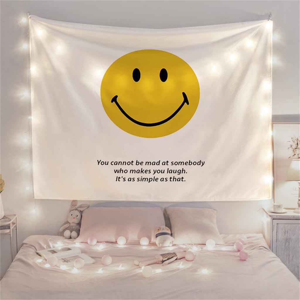 Cute Smiling Face Tapestry Yellow Be Happy Everyday Wall Hanging Cartoon Positive Quote Decor for Teen Girl Bedroom Dorm Nurse