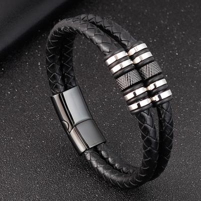 Stainless Steel Accessories Multi-layer Hip Hop Rock Style Black Color Men's Leather Bracelet New Year Gift