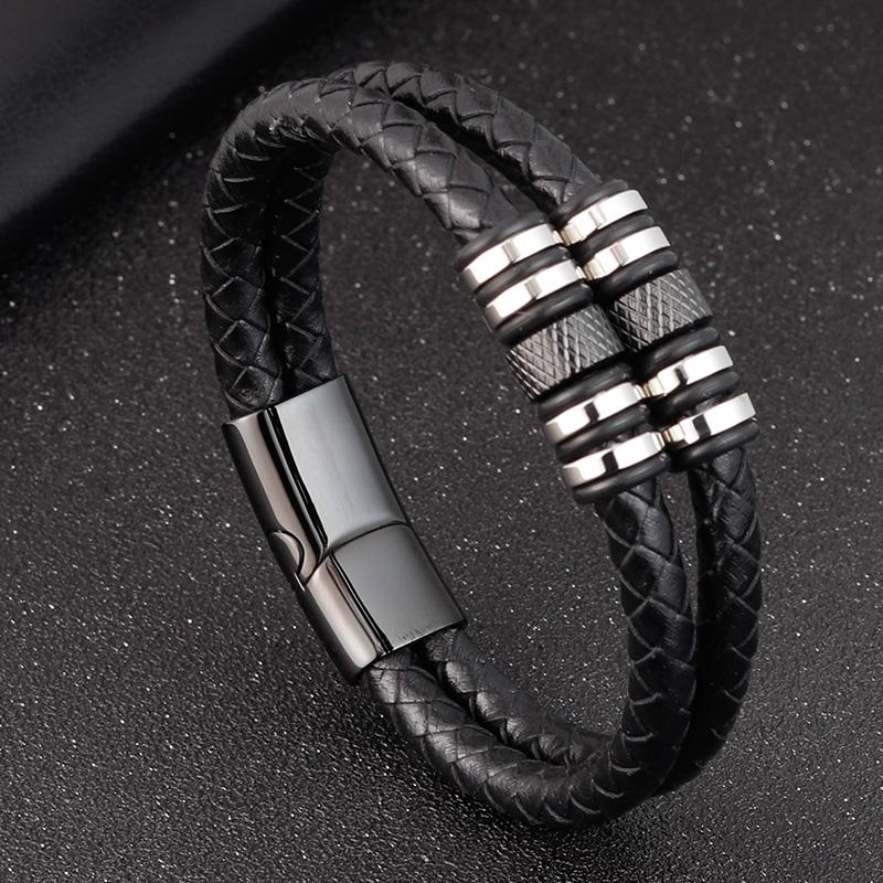 Stainless Steel Accessories Multi-layer Hip Hop Rock Style Black Color Men's Leather Bracelet New Year Gift
