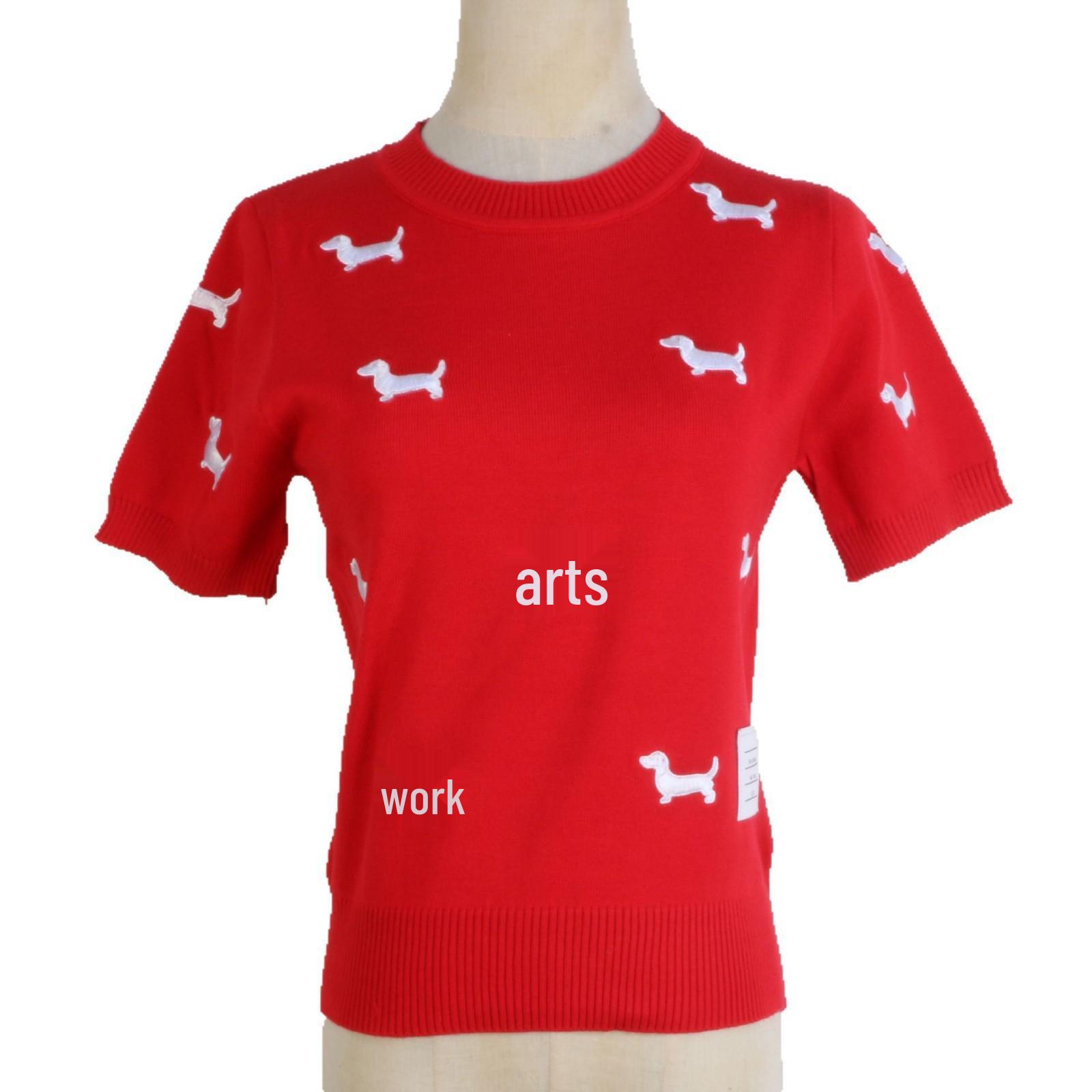 

Women s Short-Sleeve Puppy Print Knitted Top - Spring/Summer Versatile Trendy Design S