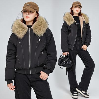 Winter Katoen Gevoerde Nepbont Jas Dames Bovenkleding Dik Warm Oversized Korte Jas Vrouwelijke Met Capuchon Lange Mouw Bontkraag Parka