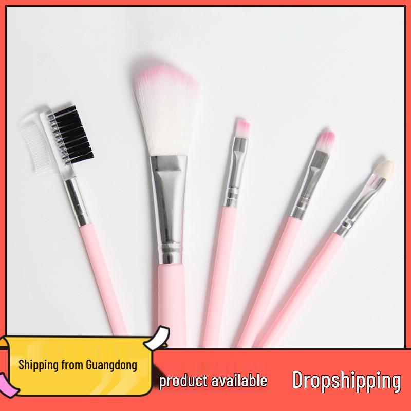 

5-Piece Makeup Brush Set: Pink Eyeshadow, Blush, Lip, Eyebrow Brushes & Dual-Use Comb