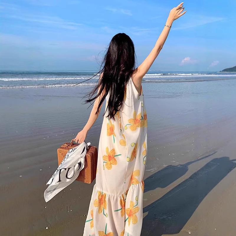Dopamine Vacation Print Dress Loose Sleeveless Straps Summer Suspender Neck Dress