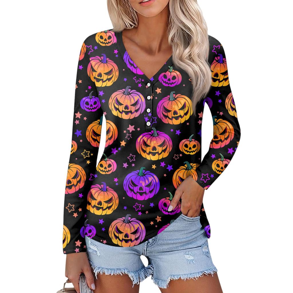 Women's Casual Fashion Sexy Comfort Halloween Printed V-Neck Button Long Sleeve