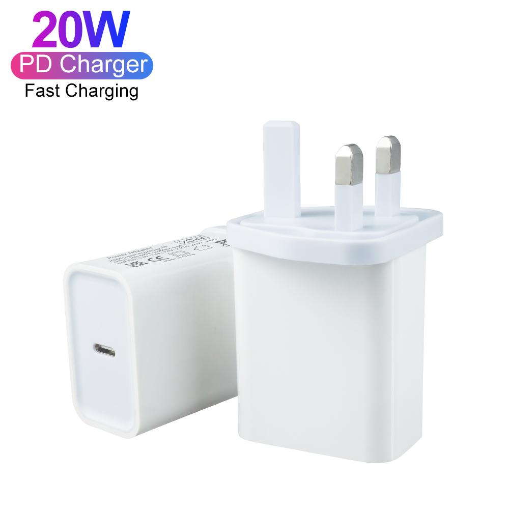 PD 20W Wall Power Adapter Charger Single USB Port Type C Smart Fast Charging Smart Phones ABS UK Plug UKCA