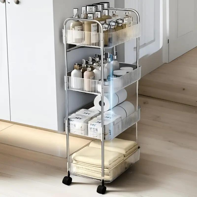 3/4 Layer Acrylic Storage Cart with Hanging Basket, Multi-functional Storage Rack for Bedroom, Bathroom, Kitchen ,Home Organizer
