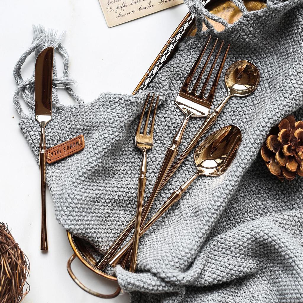 European Rose Gold 304 Stainless Steel Western Cutlery Set: Long Handle Mixing Spoon & Fruit Fork.