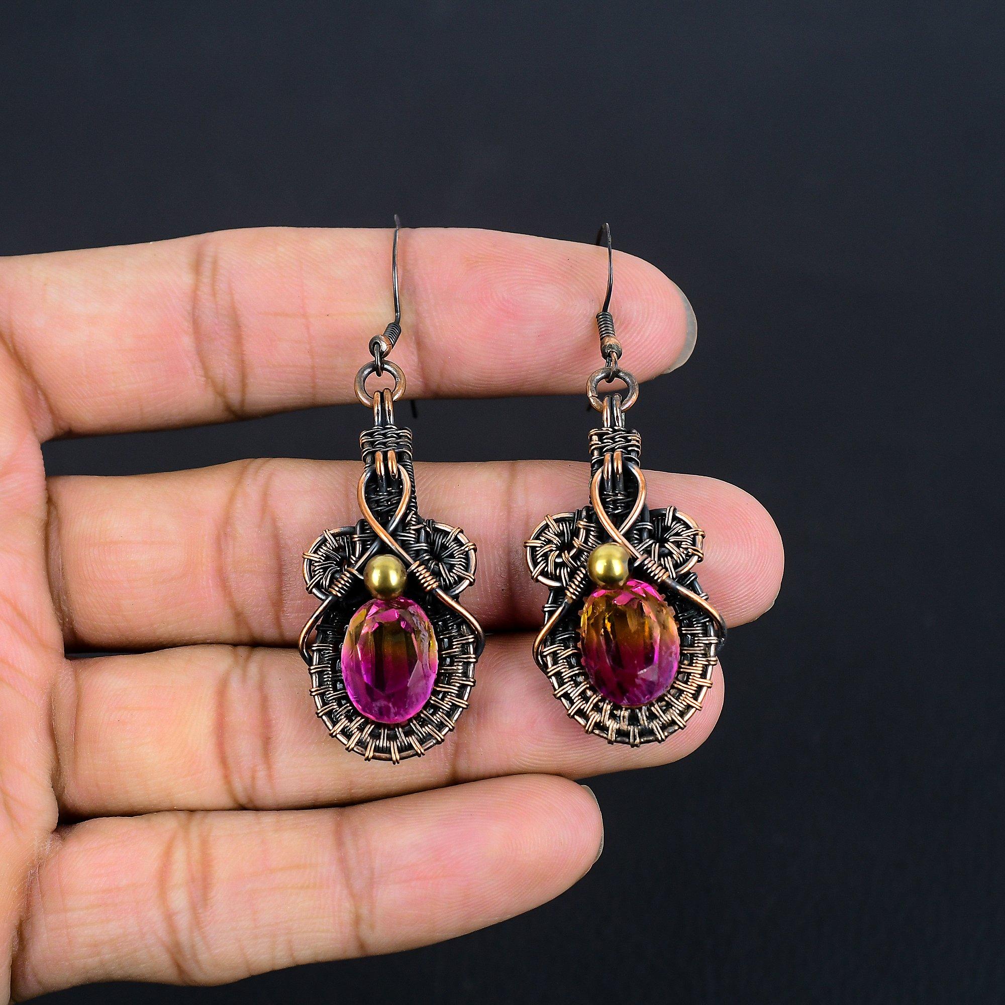

Bi-Color Tourmaline Earrings Jewelry, 999 Copper Wire Wrapped Gemstone Earrings Handmade Jewelry, For Memorial Day 1.55 Inches