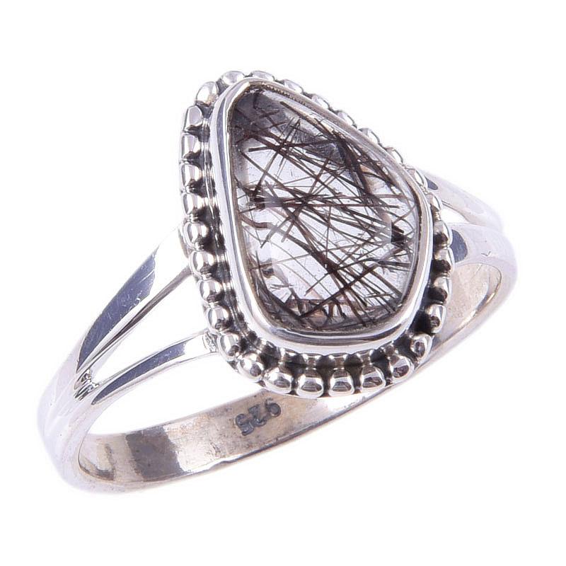 Natural Black Rutile Gemstone Handmade 925 Solid Sterling Silver Ring S.8 n8D75