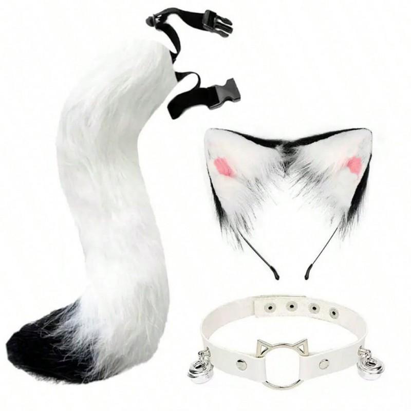Cat Ear Headband With Tail Set Cosplay Costume Accessories Anime Kawaii Girl Party Outfit