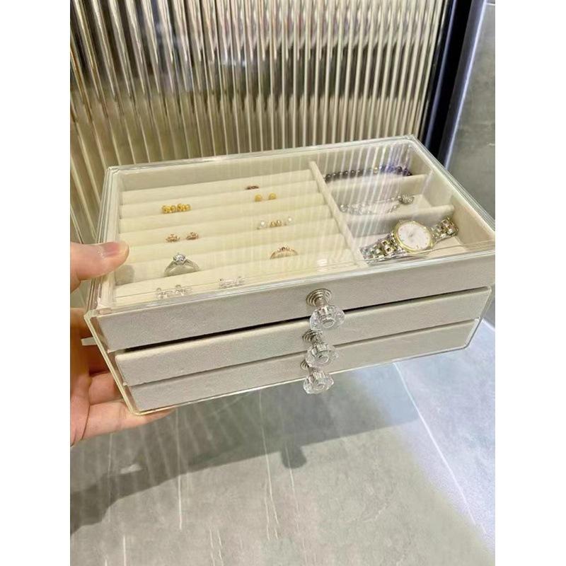 Three-layer Flannel Jewelry Storage Box, Earrings, Earrings, Storage Box, Jewelry Dust-proof Drawer Jewelry Box Storage