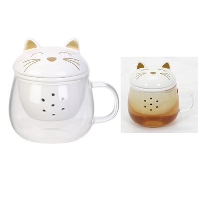 [A3511] - White 'Cats' Ceramic Glass Mug (with Infuser ) - 35 Cl