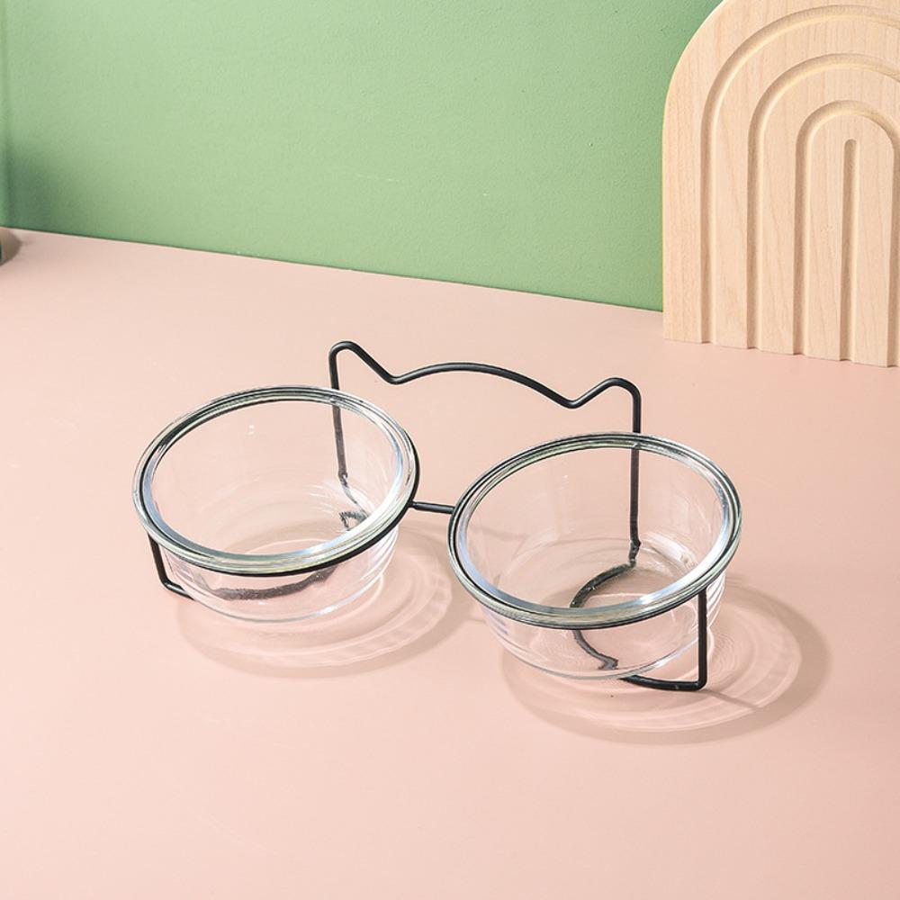 400ml Double Glass Bowl Glass Cat Dog Bowl with Iron Frame Gold Stand Raised Water Feeder Bowl Puppy Food Bowl Cat and Dog