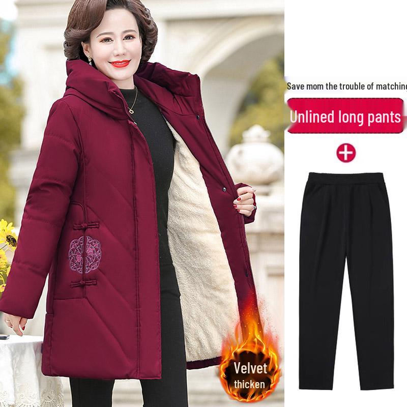 Red Mid-Length Winter Jacket for Middle-Aged and Elderly Women - Thick, Cotton-Padded, Suitable for Spring and Autumn