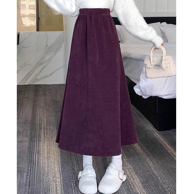 Autumn Winter Women's Fleece-Lined Thickened Corduroy Midi Skirt Retro High Waist Slim-Fit A-Line Long Skirt