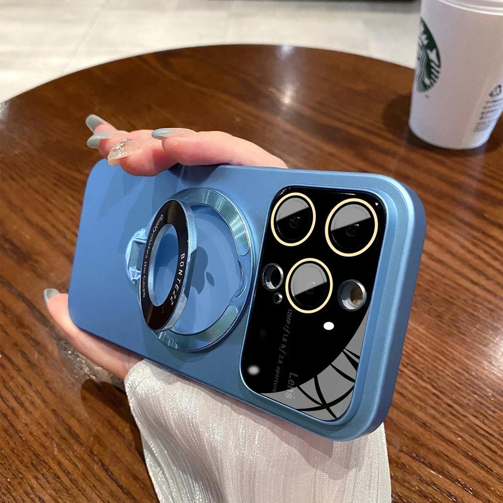 Slim Matte PC Bracket Case For iPhone 15 14 13 12 11 Pro Max 14 Plus For Magsafe Stand Holder Glass Lens Protector Luxury Cover