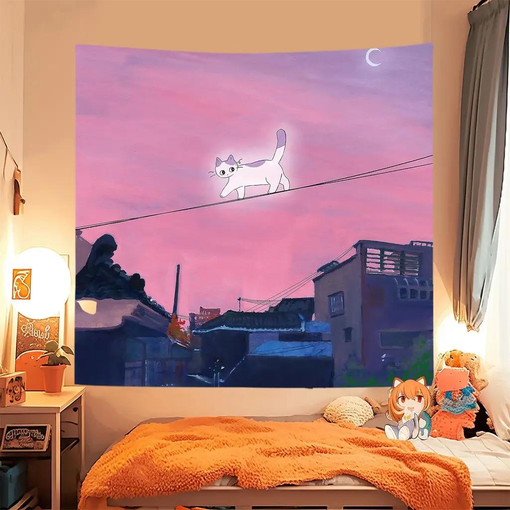 

Cute Cat Forest Tapestry Kawaii Cartoon Animal Wall Hanging Polyester Aesthetic Room Decor for Bedroom Dorm 74x94cm(29x37in)