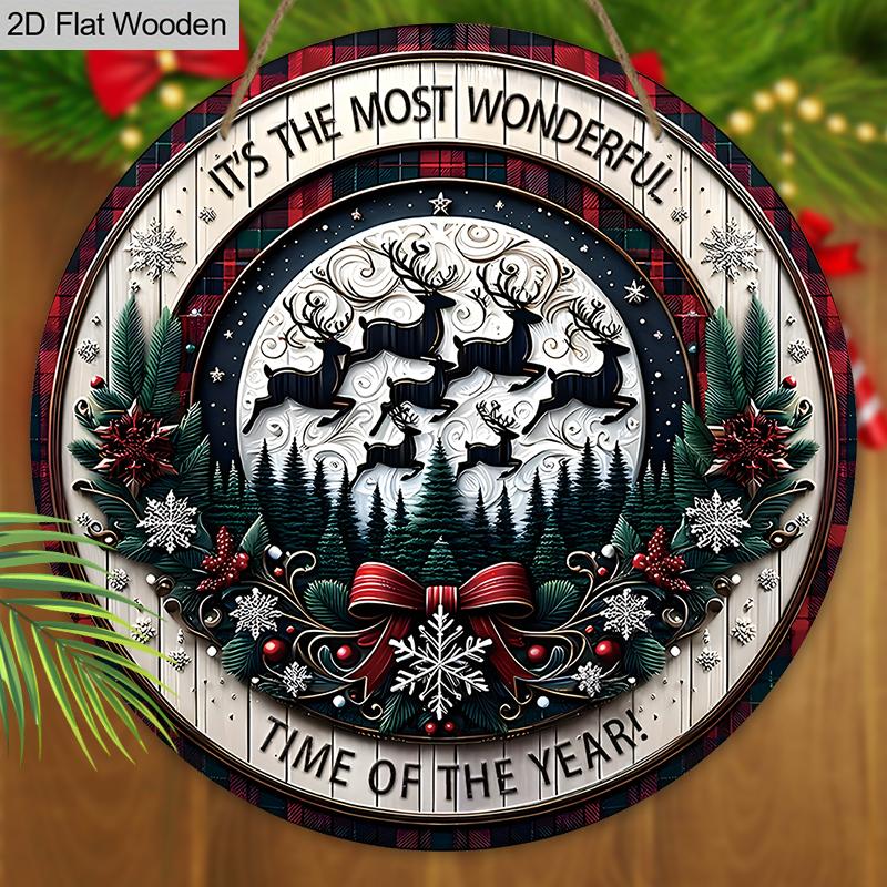 Christmas Wooden Sign with Forest & Elk Pattern - Navidad Wooden Sign for Christmas Tree, Balcony, Window, Indoor Decor - Ideal Christmas Gift