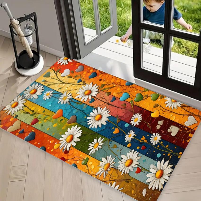 Retro Daisy Heart DOORMAT Area Rug Vintage Pop Art Style with Colorful Flowers Stylish Non-Slip Floor Mat for Entryway Aesthetic