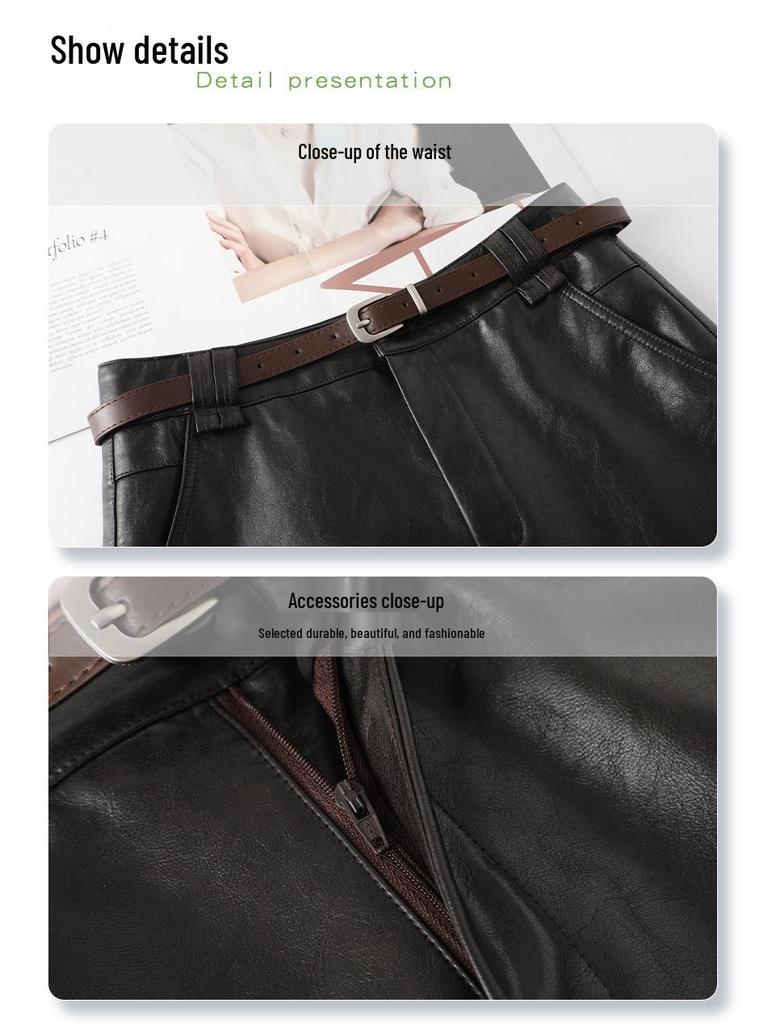 Coffee PU Leather High-Waisted A-line Shorts for Women & Girls - Winter 2025 Fashion, Slimming & Versatile
