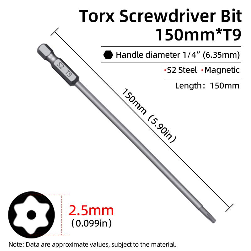 Magnetischer Torx-Schraubendreher-Bit, 150 mm, T6–T40, 1/4 Zoll Sechskantschaft, hohles Pflaumenblütenloch, Sicherheitsbits, S2-Stahl, elektrische Handwerkzeuge