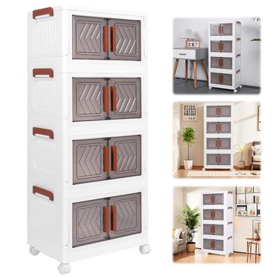 4 Tier Stackable Storage Bins with Lids Doors Wheels Foldable Cabinet Organization Storage Drawer Transparent Organizers Boxes
