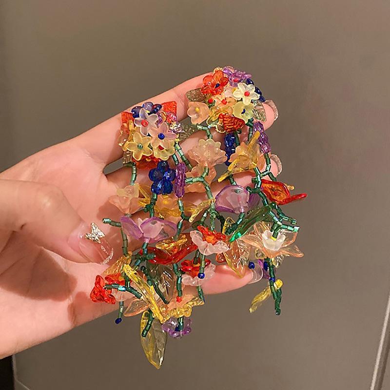 Silver Rhinestone Crystal Flower Asymmetric Earrings - Colorful Retro Court Style Studs for Women
