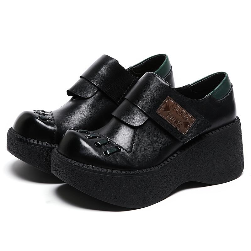 Fashion GKTINOO Retro Flat Platform Women Wedges Shoes Luxury 6cm Platform Shoes Thick Heels Genuine Leather Casual Hook & Loop Pumps